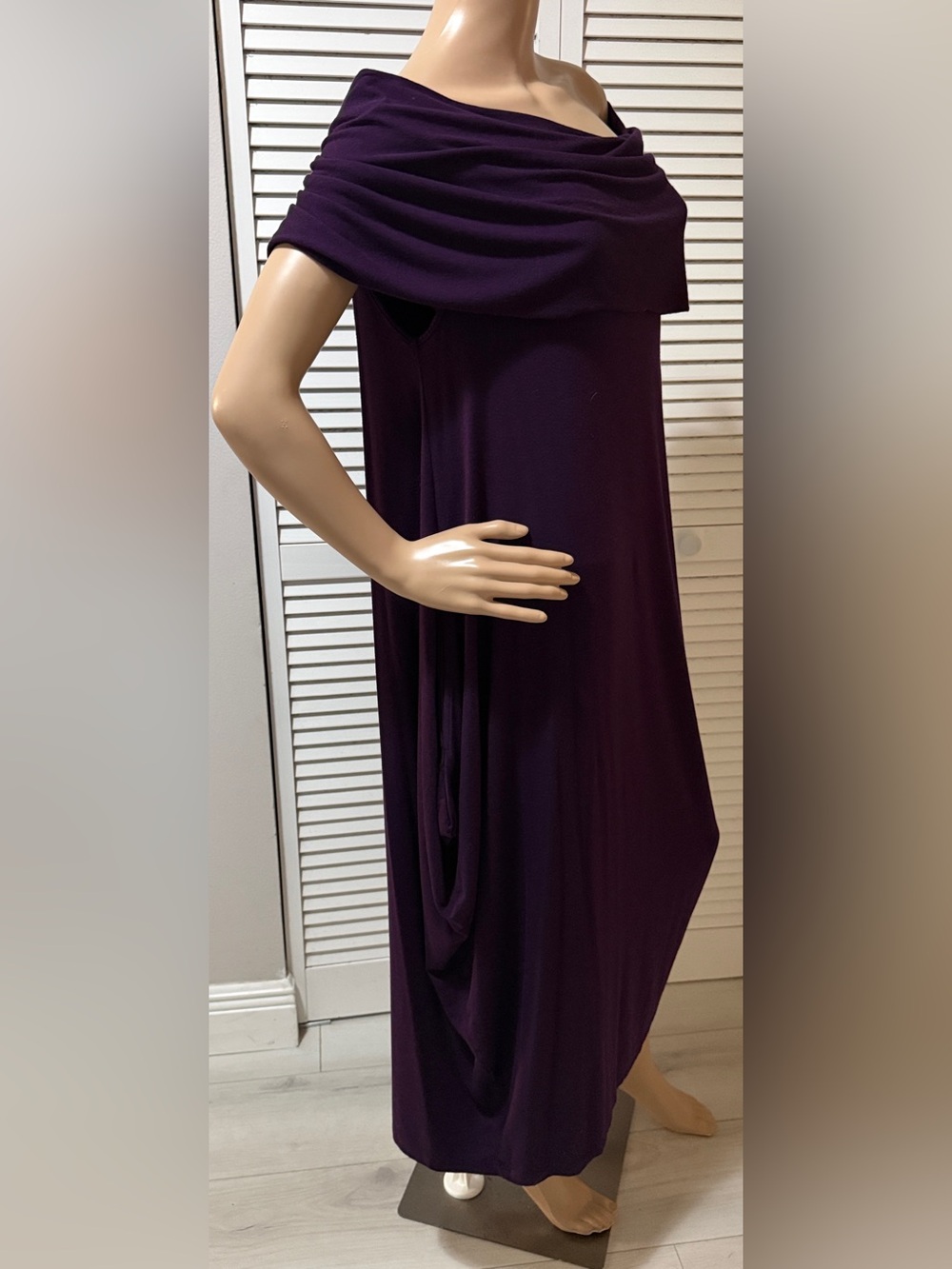 Oversized Eggplant Purple Draped Cocoon Midi Dress Off Shoulder Cowl Neck L